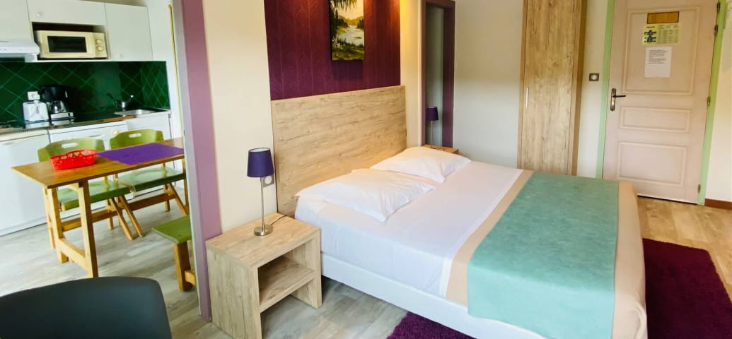 double room eco apparthotel fully equipped kitchen , bathroom with shower , balconies