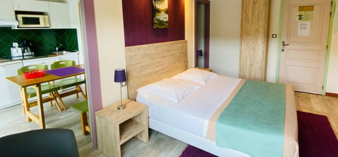 double room eco apparthotel fully equipped kitchen , bathroom with shower , balconies